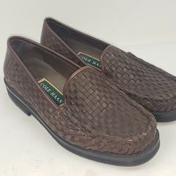 Cole Haan Womens 6.5 B Dark Brown Leather Weave Slip On Loafers Shoes F6410