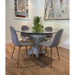 Modern west elm like 5pc glass dining room set 4 chairs table base gray mid century