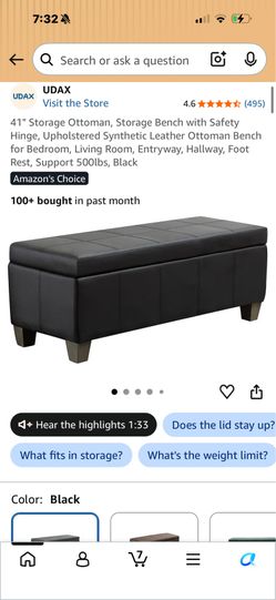RIALTO- UDAX BLACK FAUX LEATHER Storage Ottoman Bench