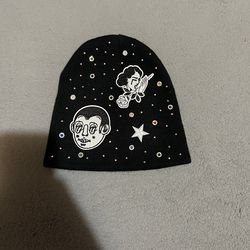 Custom Black Rhinestone Patch Beanie – Y2K / Alt Streetwear