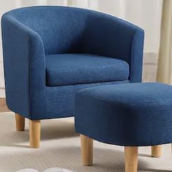 Barrel Chair and Ottoman 27 in. Wide Accent Linen Chair Blue