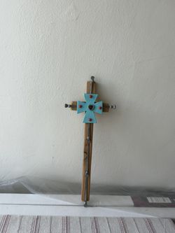 Wall Art Wooden Cross With Natural Turquoise Native Talisman 