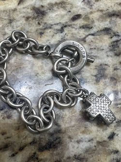 VINTAGE LAGOS CHARM STERLING SILVER BRACELET WITH GOLD/DIAMOND CROSS CHARM
