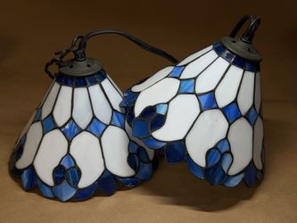 Pair Vintage Tiffany Style Leaded Stained Glass Pendant Lamp Shades Blue White Floral