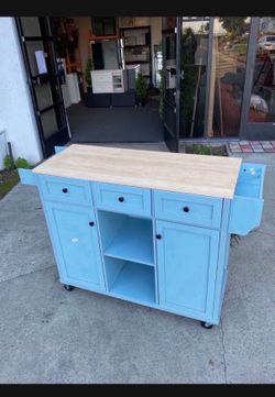 New Kitchen Island 44"in Rolling Island Cart Mobile Solid Wood Portable on Wheels with Storage Cabinet & Drawers, blue
