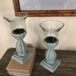 SET OF TWO BLUE CANDLE HOLDERS 12” INCHES 