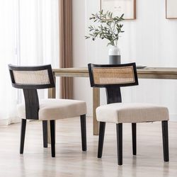 Mid-Century Rattan Dining Chairs – Set of 2 – Black Wood & Beige Linen