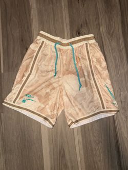 Nike Beige Athletic Mesh Shorts with Teal Drawcord