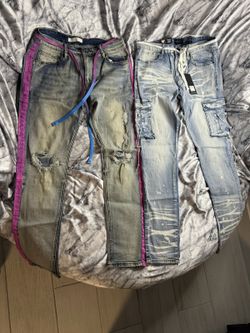 KDNK Mens Light Wash Distressed Jeans Pink Purple Side Stripes