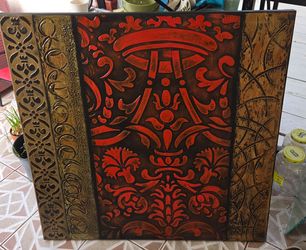 Large 40"x40" square textured embossed wall art. Red and antique gold Moroccan style decorative panel. Heavy statement piece for home decor.