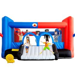 WELLFUNTIME Inflatable Bouncy Castle & Bounce House with Slide, 15.3ft x 14.7ft, Jumping Castle with Blower, Dartboard, Dual Basketball Hoop, Dual Kic