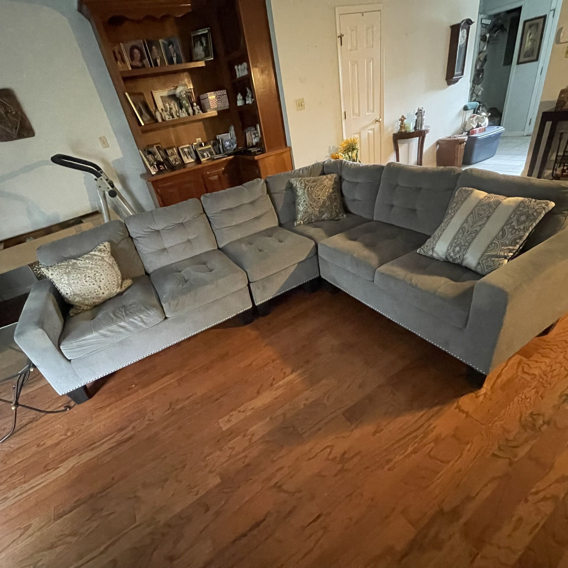 Gray Sectional Couch Nailhead Trim