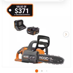 BRAND NEW IN BOX Shop RIDGID 18V Brushless 12 in. Electric Battery Chainsaw with 6.0 Ah MAX Output Battery and Charger