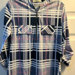 Moyabo women's tunic blouse in a blue, pink, and white plaid pattern with 3/4 cuffed sleeves and a 1/4 zip.  Women's Med