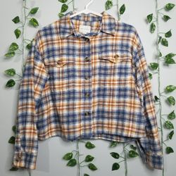 American Eagle Plaid Button Front Cropped Flannel Cotton Shirt XS
