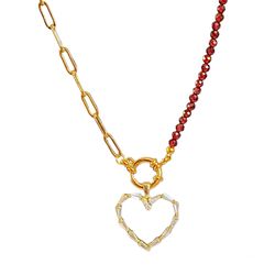 Paperclip chain Garnet Necklace Gold half and half choker front pendant heart