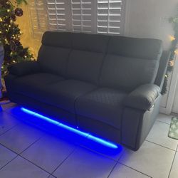 RECLINER SOFA in Grey Leather W/ LED’s & Speakers