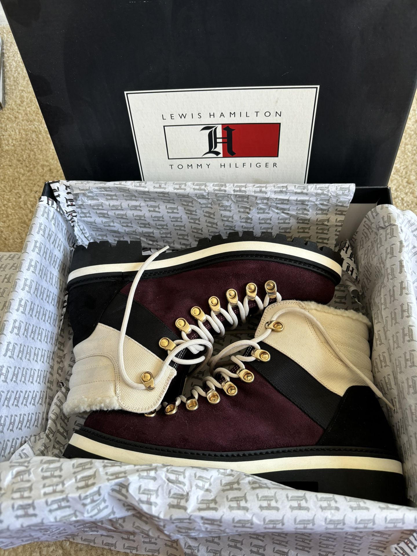 **NEVER WORN, ORIGINAL PACKAGING** Lewis Hamilton/Tommy Hilfiger Fall 2019 Color Block Boots