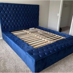 Blue Velvet Queen Storage Platform Bed Frame Cama 