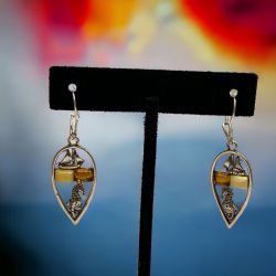 Sterling Silver 925 Stylish Women's Amber Nautical Theme Silver Earrings, Sailing Ship & Seahorse