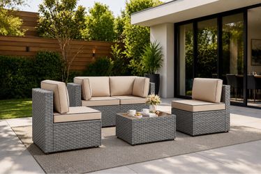 New 5 Pieces Outdoor Patio Furniture Sets, Patio Sectional Sofa Couch, Gray PE Wicker Furniture Modular Patio Conversation Sets Patio Sofa with Washab