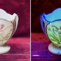 Antique Northwood Wild Bouquet Uranium Custard Glass Open Sugar Bowl Glow EAPG