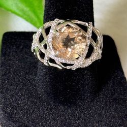 New, Custom Made, 925 Sterling Silver Patterned Ring, 9mm Round Citrine, CZ Accents, Prong,Size 8 