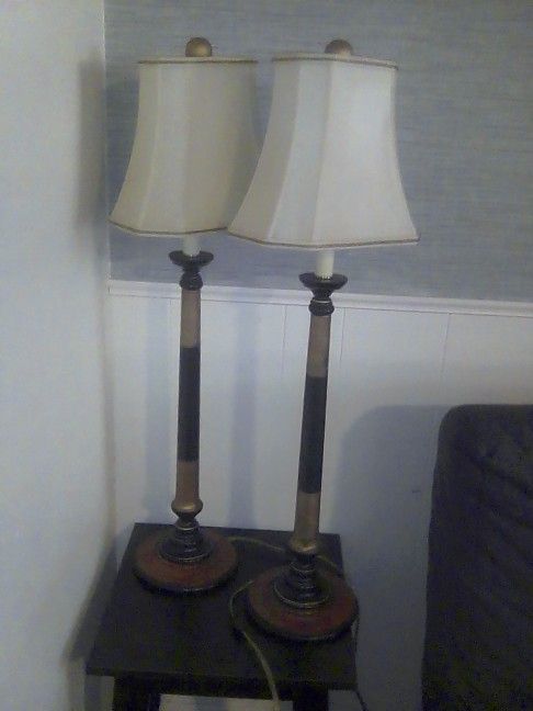 Pair Of Fredrick Cooper Brown, Gold, Black Wood Painted Candlestick Buffet Table Lamps