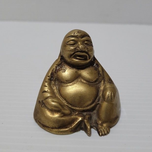 Vintage LAUGHING Sitting BUDDHA Brass Figurine Statue 2.25" Tall 