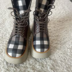 Burberry Mason Check Coated Canvas Platform Combat Boot 7.5 Size