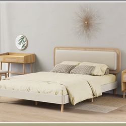 Kelly Clarkston Collection - Queen Bed Frame With Rattan And Boucle  Headboard - New In Box