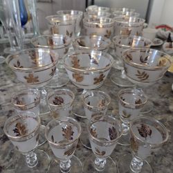 Mid-Century Frosted Gold Leaf  Glasses Set of 22