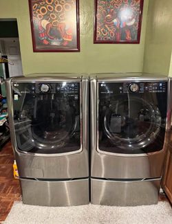 LG Front Load Washer & Dryer Set w/ Pedestals – Graphite Steel – TurboWash & Sensor Dry