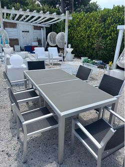 Outdoor Patio Tempered Frosted Glass Table with 6 Aluminum Framed Chairs