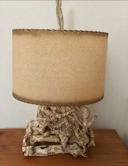 Vintage 1950s live edge MCM burl wood table lamp fiberglass shade