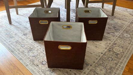 Set of 3 Collapsible Woven Fabric Storage Cubes - Shimmering Metallic Brown with Gold Handles 11”