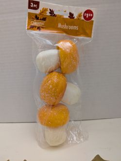 3 Plastic Mushrooms for Decorating Or Crafts 3 1/2 Inches Tall White And Orange