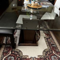 Cherry Wood Glass Table With Bench and Three Chairs