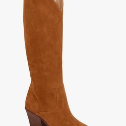 Coutgo Womens Wide Calf Cowboy Boots Suede Knee High Chunky Heel Pointed Toe Western Cowgirl Boots