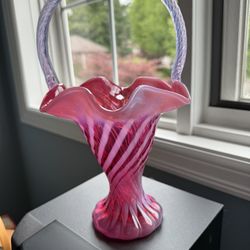 Fenton Cranberry Glass With Clear Applied Handle And Ruffled Edge Flower Basket