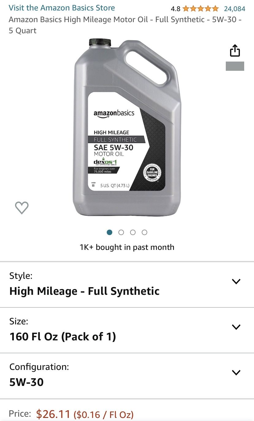 Amazon Basics High Mileage Motor Oil - Full Synthetic - 5W-30 - 5 Quart