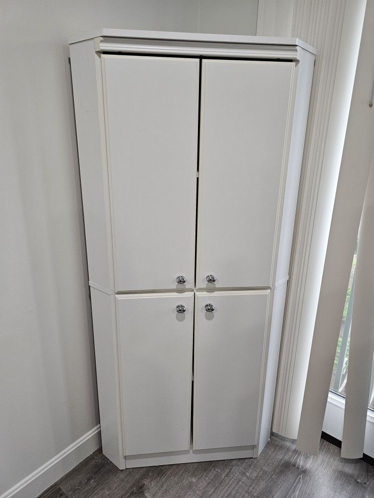 New, adjustable 4 shelf white corner cabinet