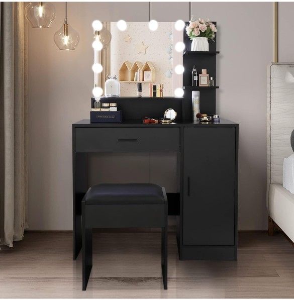 Black Vanity Desk with Lighted Mirror And Cushioned Stool