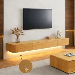 Modern Floating TV Unit with LED Lighting | Wall-Mounted Entertainment Media Console | Large Storage TV Bench for Living Room & Office (Wood, 70.9in)