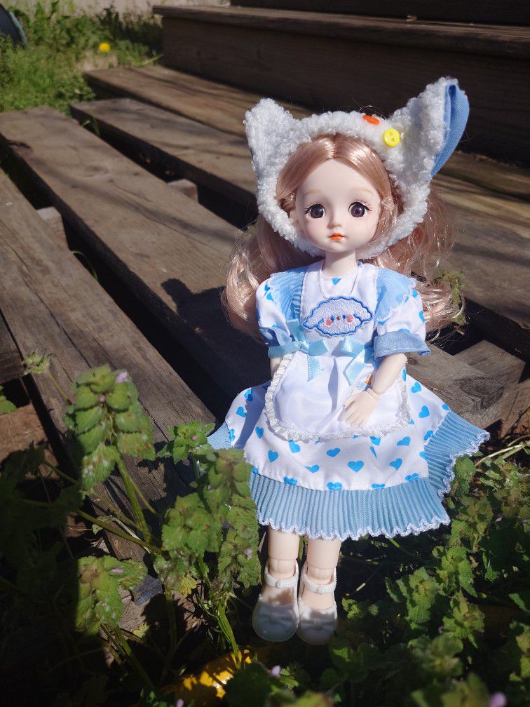 12inch BJD Doll-Exquisite Detail Beautiful Asian Anime-Style Bo-Peep Outfit Blue And White Hearts Bows Sheep Ears with Pink Hair