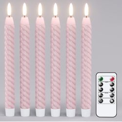 Pink Flameless Taper Candles Pastel Flickering with Remote Timer, 3D Wick LED Spiral Wedding Candles Battery Operated 6 Pack Real Wax Home Birthday Sp