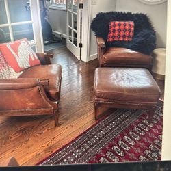 Two Crate And Barrel Leather Chairs Plus Ottoman