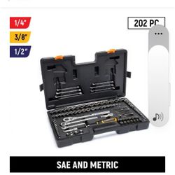
1/4 in. 3/8 in., and 1/2 in. Drive 72-Tooth 6-Point SAE/MM Mechanics Tool Set (202-Piece),  Brand New