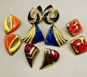 Multi Color Vintage 5 Pair “”Work Week” Enamel And Gold Stud Pierced Earrings