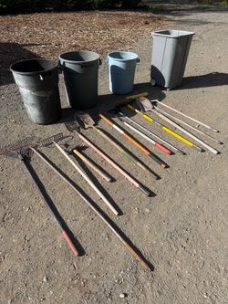 Large Yard Tool Lot – Shovels, Rakes, Brooms, Trash Cans & More